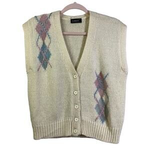CATALINA‎ Cream Argyle Acrylic Wool Cardigan Sweater Vest Size Medium